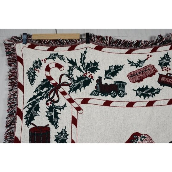 Vintage 1990 MWW Christmas Throw Tapestry Afghan Blanket Santa Holly - Picture 2 of 10